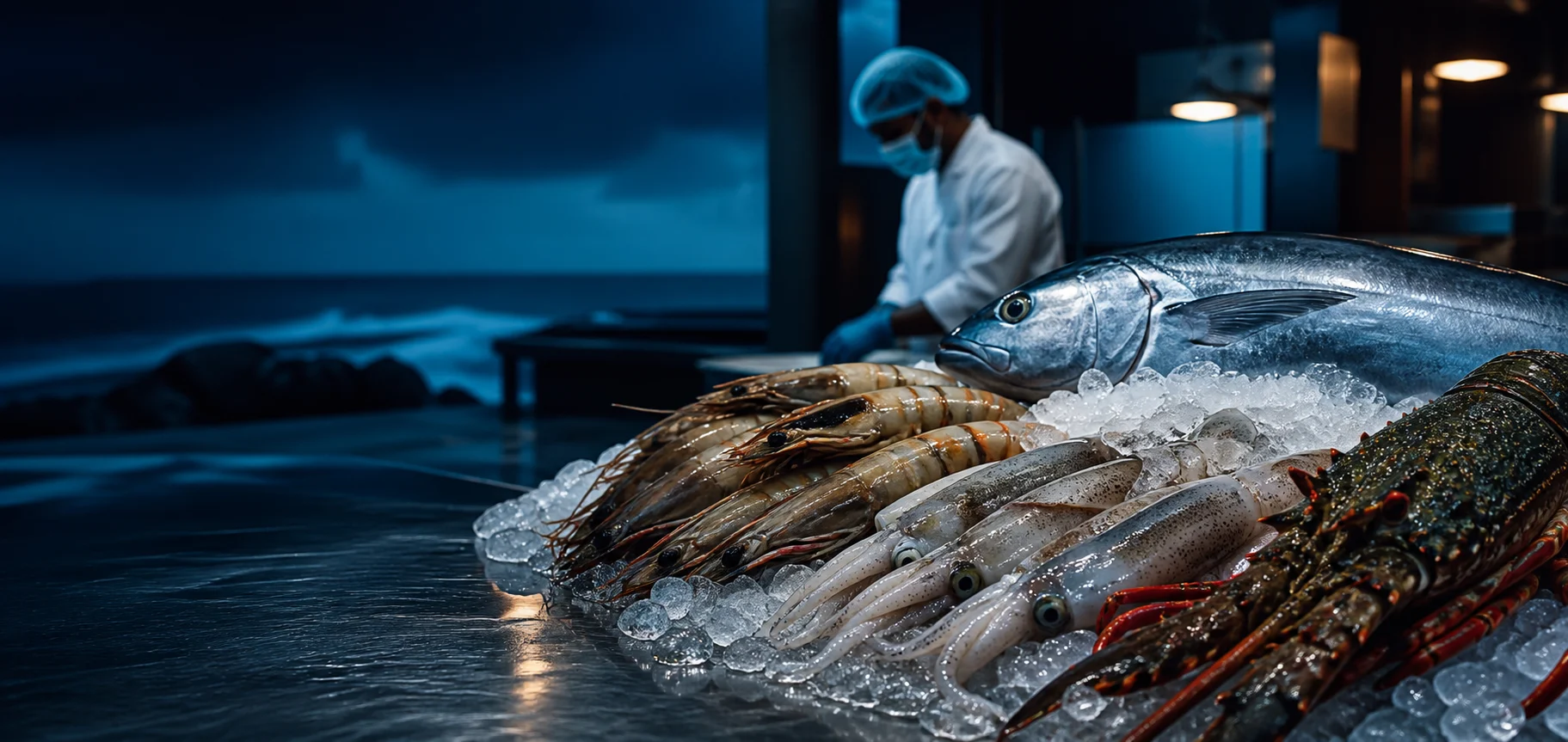 Sri Lankan fish, prawns, squid and lobster on ice, ready for processing